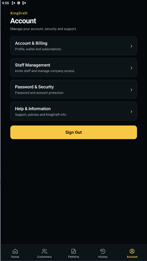 King Draft account screen
